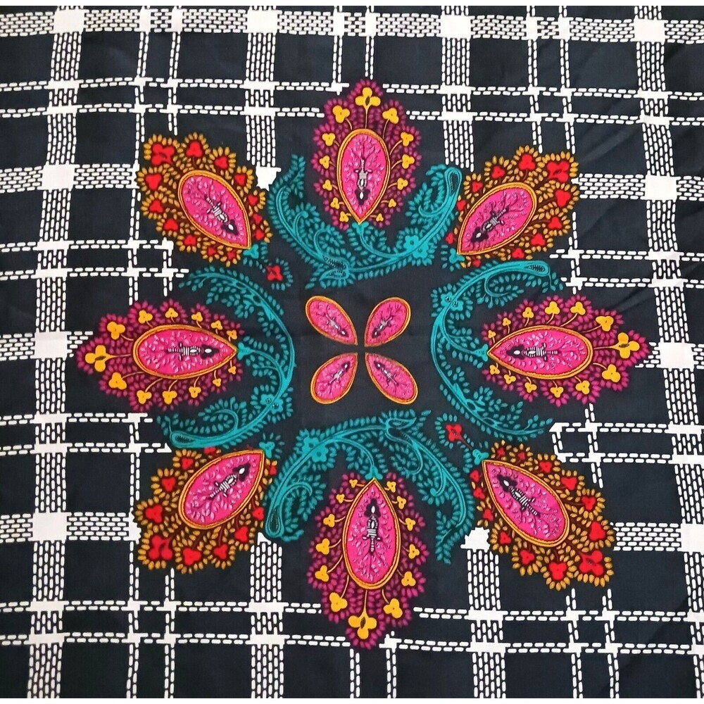 Diane Von Furstenberg Black Plaid Silk Scarf with Pink and Teal Paisley - Picture 5 of 6